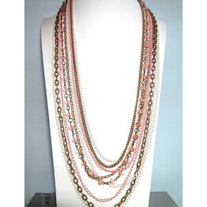 Multilayered Pink & Gold Chain Necklace With Beads
